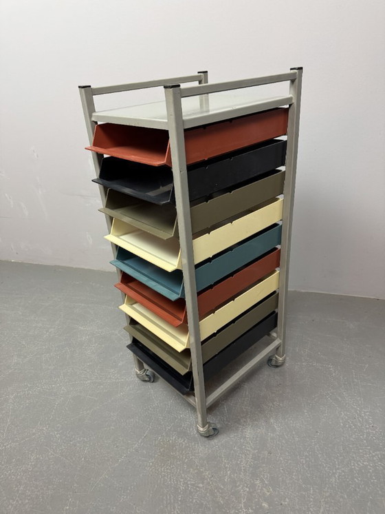 Image 1 of Mid-Century Industrial Gispen Modular Office Trolly with 9 Colorful Pull-Out Bins, The Netherlands 1960s-1970s.