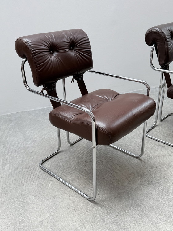 Image 1 of Set of 4 Guido Faleschini for i4Mariani 'Tucroma' chairs leather brown chrome, Italy 1970s
