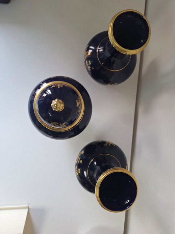 Image 1 of Bareuther Cupboard Set-Real Cobalt Porcelain - 3-Piece With Lid Vase