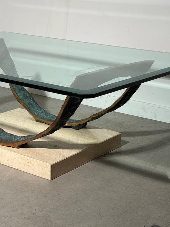 Tavolino da caffè brutalista in bronzo, travertino e vetro, 130 cm, Tavolini da caffè (foto 4 di 4)