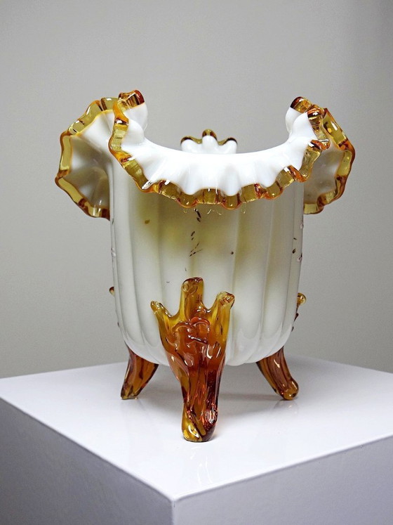 Image 1 of Antique tripod vase, opaline glass, glazed, 19th-20th century, Victorian style