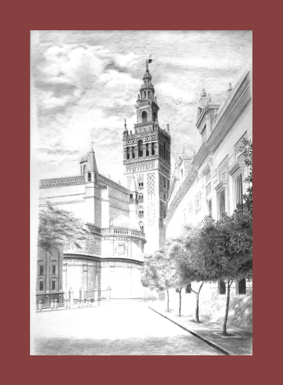 Image 1 of Dibujo a Carbón de la Catedral y Giralda de Sevilla. Giralda. Cuadro Giralda y Catedral. Sevilla Dibujo de la Giralda y Catedral