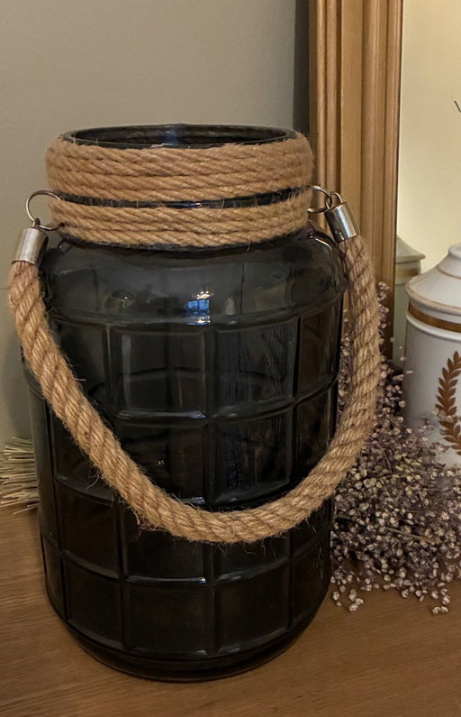 Grand vase ou pot verre fumé et corde