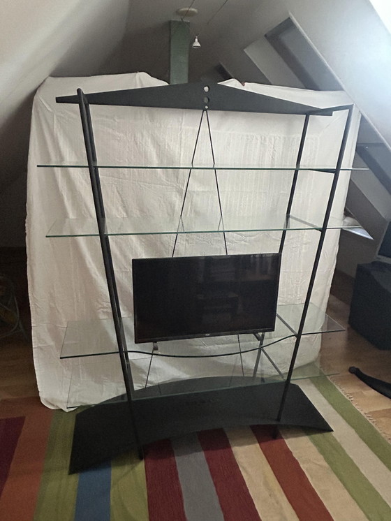 Image 1 of Vintage Minimalist Mobimetal Glass & Steel Book/TV Stand