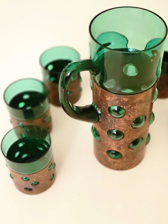Vintage Brutalist drank set van groen glas en gepatineerd koper – Glazen & Karaffen, Copper (photo 8 of 9)
