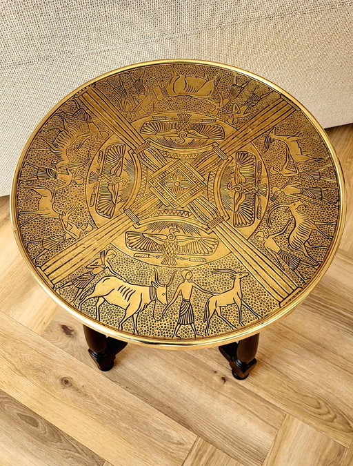 Antieke Tafel Brocante Bijzettafel Hout Met Koperen Blad Rond - Egyptische Hiërogliefen