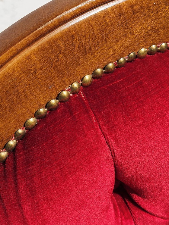 Image 1 of Vintage Franse telefoonbank - Rode fluwelen loveseat - Roddelbank - Stijl Louis XV - jaren 70