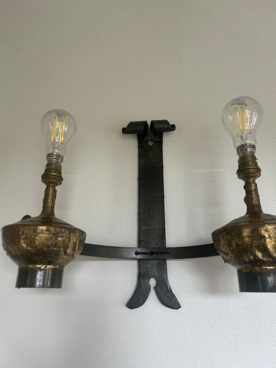 Image 1 of MAX LE VERRIER Art Deco Period Wrought Iron and Raw Brass Lighting Set - 8-Light Chandelier and 2 Wall Sconces