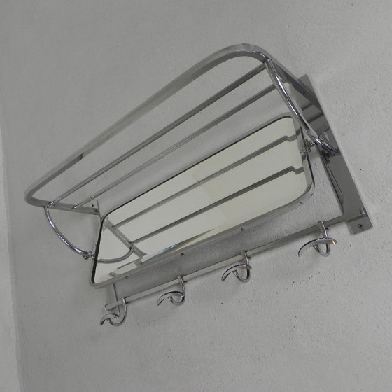 Image 1 of Perchero de pared Art Déco con espejo biselado ajustable en marco cromado, década de 1930.