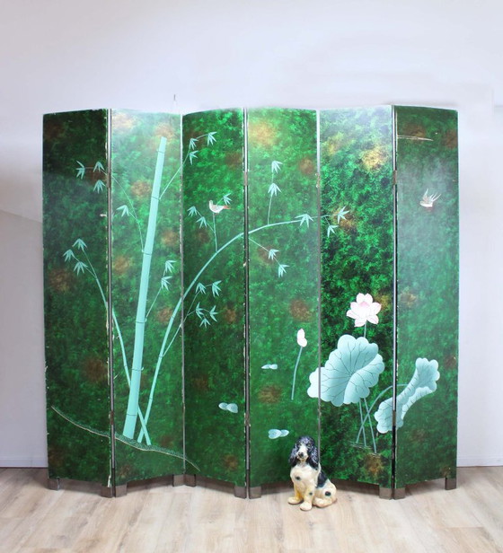Large Art Deco style room screen. Wooden vintage room divider, Green (photo 3 of 15)