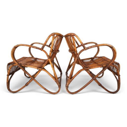Par de sillones franceses vintage de ratán y bambú, 1960.
