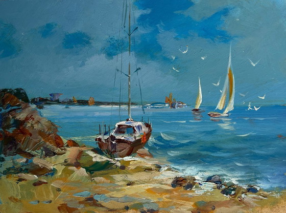 Image 1 of Origineel olieverfschilderij: Zomers zeegezicht, voorbereiding op een zeereis.
