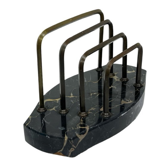 Image 1 of Art Deco Executive Desk Set: Letter Holder and Blotter – Portoro Marble and Brass – 1930s