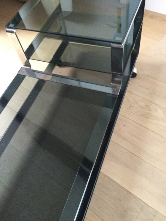 Image 1 of Salontafel / Laag kastje, Italiaans design in gerookt glas en staal