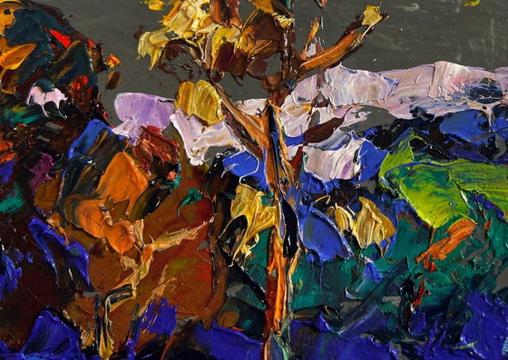 Image 1 of Original Oil Painting Autumn Forest Landscape Outside the village