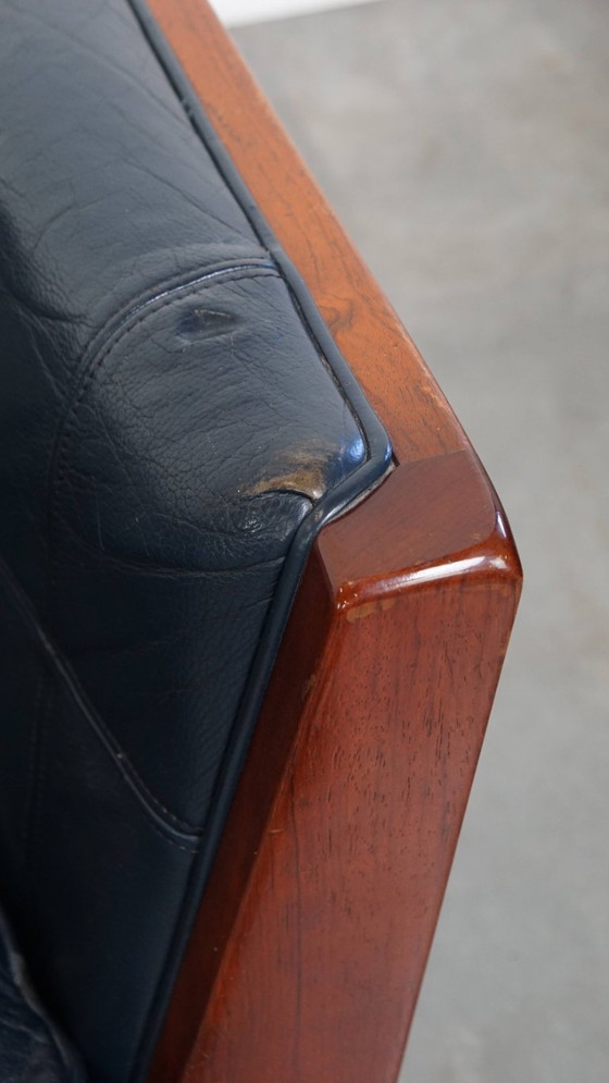 Image 1 of 2.5-zits Art Deco design bank van Schuitema met houtwerk en donkerblauw rundleer