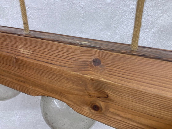Image 1 of Hanglamp van Temde, gemaakt van hout en glas, met drie lichtpunten, in brutalistische stijl uit de jaren 70.