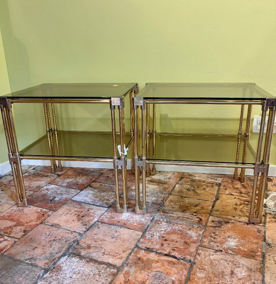 Pair of vintage Hollywood Regency style side tables, in brass and glass, dating from the 1970s. – Metal (photo 15 of 19)