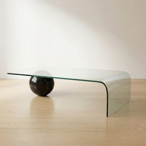 Mesa de centro de cristal curvado y esfera de mármol negro, Giorgio Cattelan para Cattelan, 1980