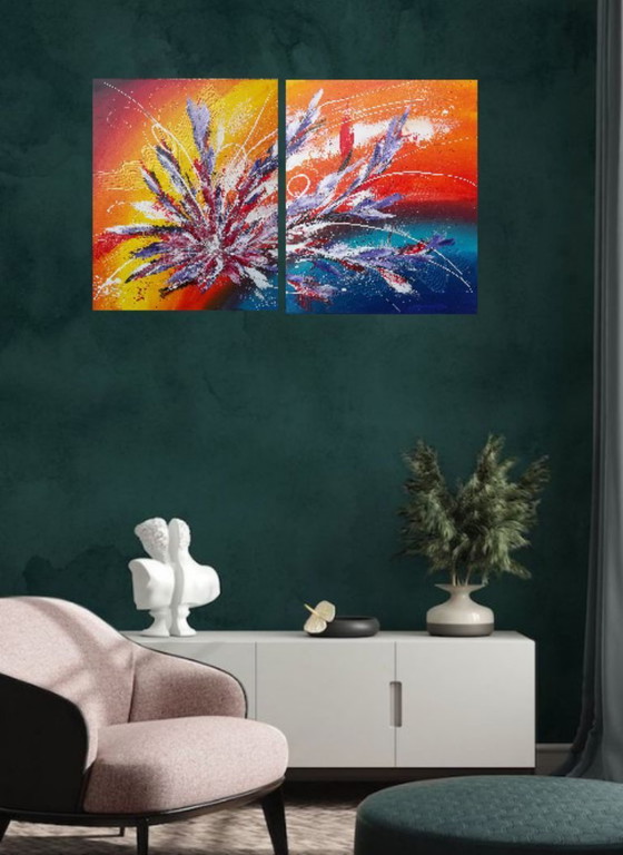 Image 1 of Tableau abstrait contemporain du peintre 2Luss'Art – Bord de lac – Diptyque 101 x 61.