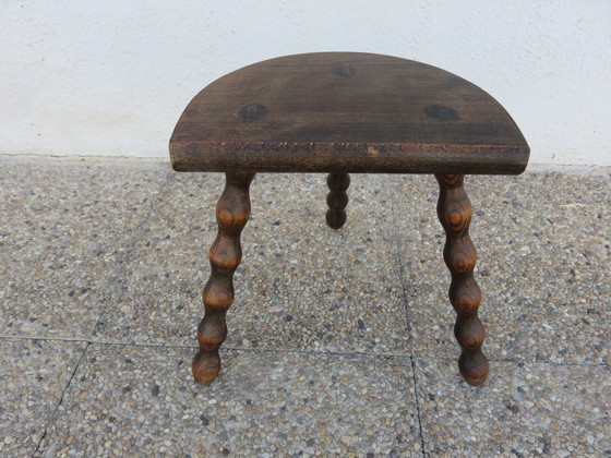 Image 1 of Tripod stool, Brutalist, solid wood, half-moon seat, 50s 60s