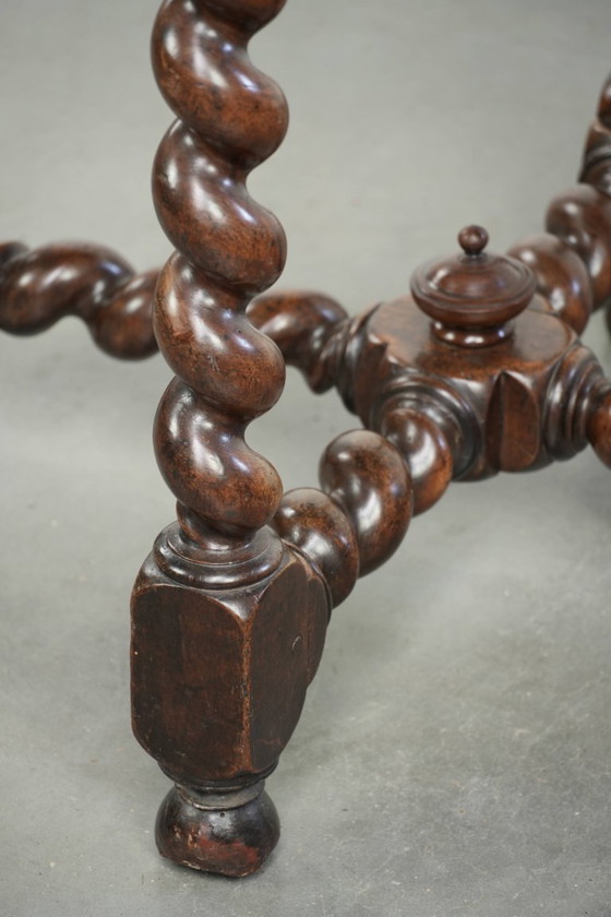 Image 1 of Very special antique English walnut side/center table with beautiful turned legs and an octagonal top from ca. 1680.