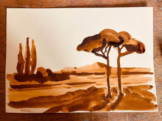 Image 1 of Monochrome watercolor signed in tobacco color, "umbrella pines on Mount Ventoux"