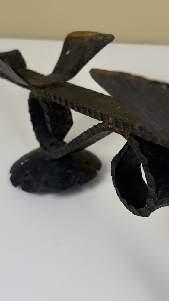 Image 1 of Brutalist forged black iron handmade Scandinavian Viking boat candlestick