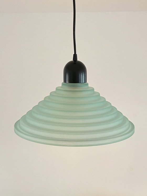 Image 1 of Suspension vintage en verre alvéolé vert turquoise, style postmoderne des années 1980