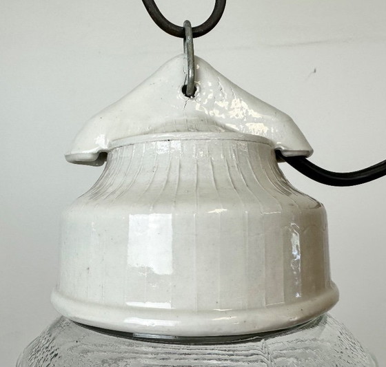 Image 1 of Vintage witte porseleinen hanglamp met geribbeld glas, jaren 70