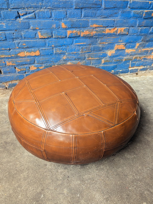 Vintage leather pouf, geometric design, 1970s