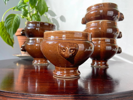 6 Vintage Ceramic Emile Henry Lion Head Onion Soup Bowls - Brown, Made in France (photo 2 of 10)