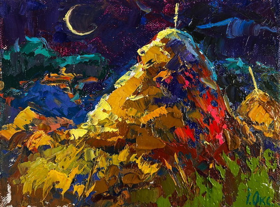 Image 1 of Original Oil Painting Colorful Summer Landscape Night tale in silver reflections