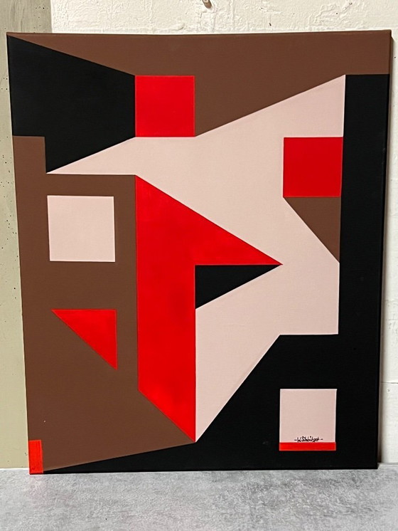 Image 1 of Escritorio Bauhaus original de la década de 1950 con 2 pinturas acrílicas a juego.