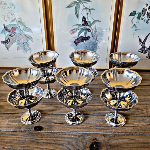 12 flower-shaped vintage stainless steel ice cream bowls, for desserts or cocktails