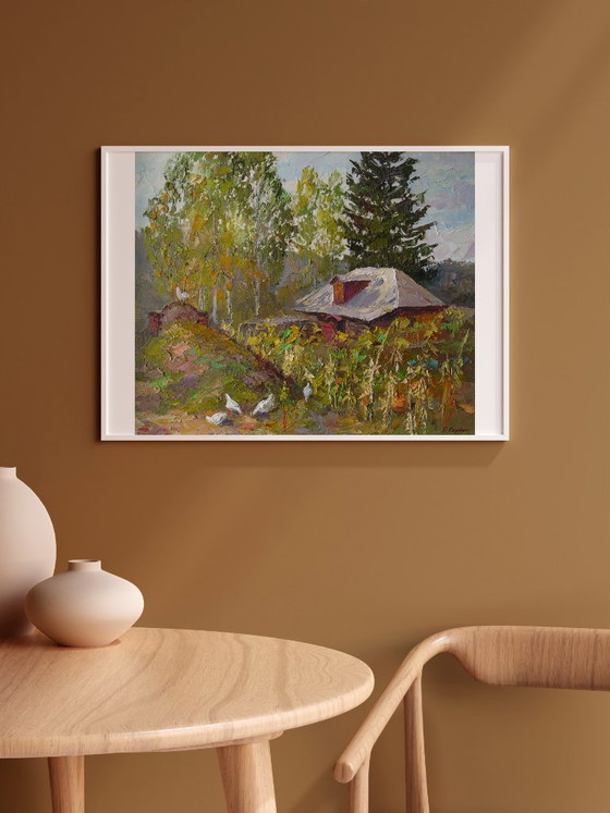 Original Ölgemälde Ländliche Landschaft Dorfhaus Sonnenblumen – Gemälde & Zeichnungen, Canvas (photo 2 of 8)
