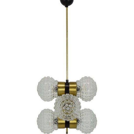 Vintage glass, metal and brass chandelier by Napako, Czechoslovakia 1960