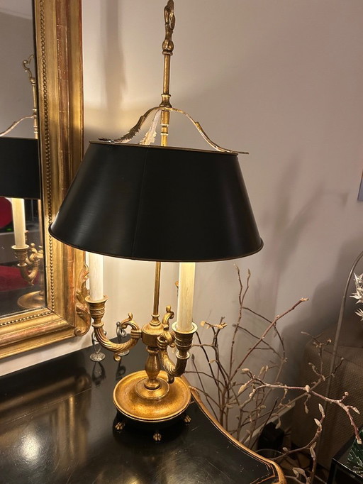 Louis XV Bouilotte Tischlampe Rive Gauche Empel Kollektionen schwarzer Schirm und Blattgoldpatina