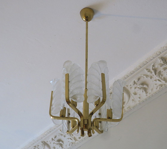 Image 1 of Acanthus Leaf Chandelier in Brass and Glass by Carl Fagerlund for Orrefors, 1960s