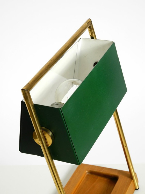 Image 1 of Original large 1960s Temde table lamp with a brass frame, teak base, and green lampshade