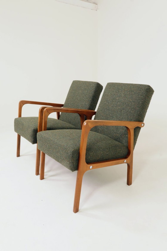Image 1 of Vintage Pair Armchair Avocado Green Tweed Upholstery, 1960, Poland