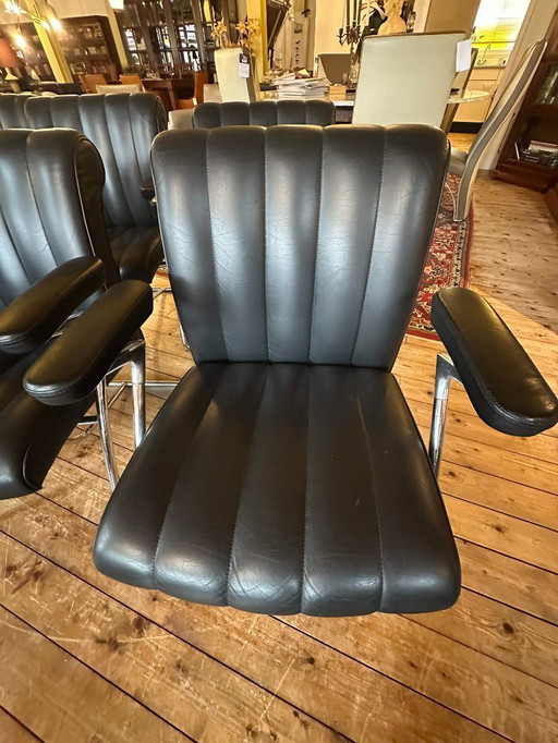 Ensemble de 6 chaises de salle à manger vintage Walter Knoll « Art Collection » – Cuir noir et chrome