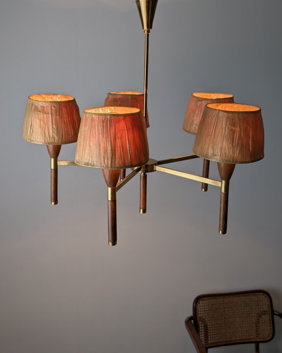 Image 1 of Danish Five-Arm Chandelier in Wood and Brass, 1950s