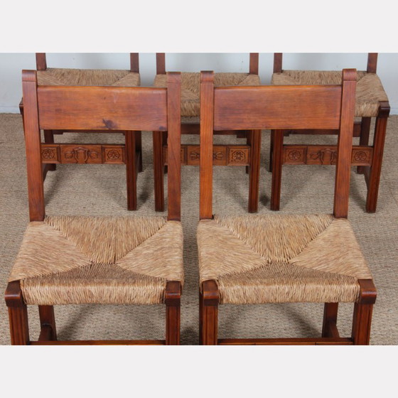 Image 1 of Set of 6 straw-seated wooden chairs, French work, 1950
