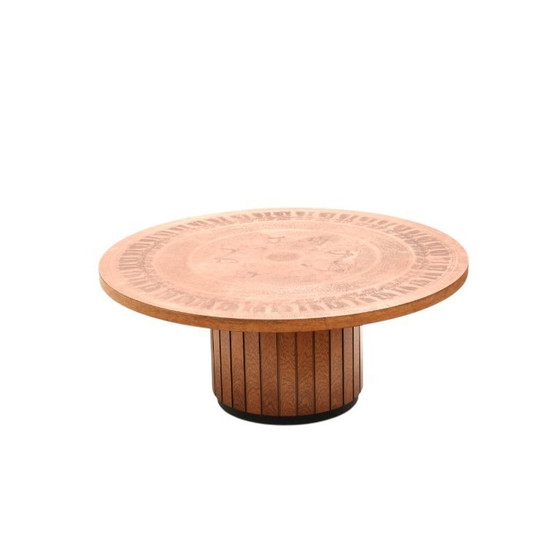 Image 1 of Round vintage Brutalist coffee table from VAD Trævarefabrik with copper top