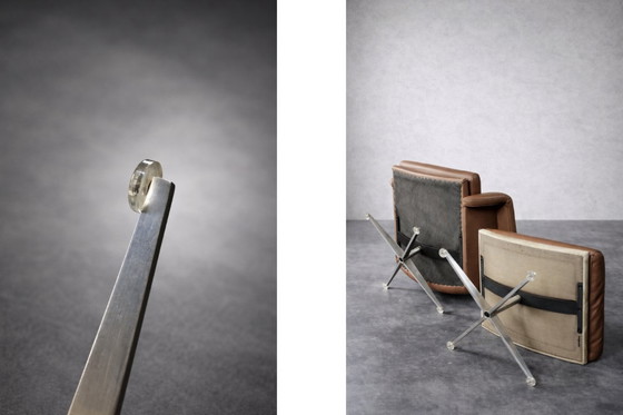 Image 1 of Fauteuil pivotant et repose-pieds en cuir marron, style danois moderne vintage, années 1970, ensemble de 2