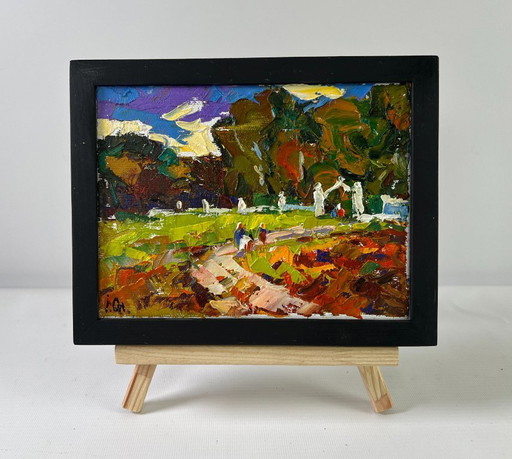 Original Oil Painting Summer Forest Landscape In the evening calm