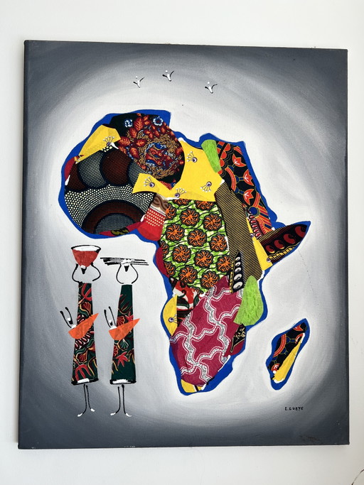 Framed Original African Textile Collage Painting from Gorée Island by L. Gueye (65x80 cm)