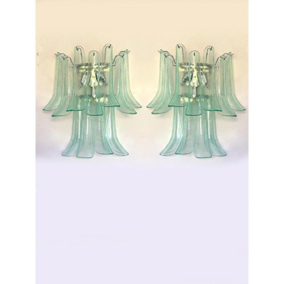 Image 1 of Coppia di applique italiane contemporanee in vetro di Murano “Selle” con tonalità verde acqua