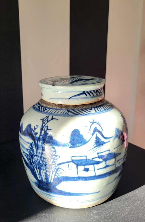 Image 1 of Chinese blue and white porcelain ginger jar with lid.